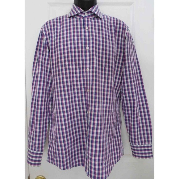 Hugo Boss Mens Pink Blue White Long Sleeve Sharp Fit Dress Shirt Size 16.5 - Picture 1 of 10